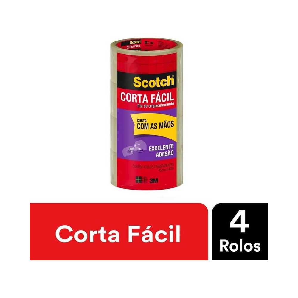 Fita Adesiva Transparente Corta F&aacute;cil Scotch 45mm x 40m 4 rolos