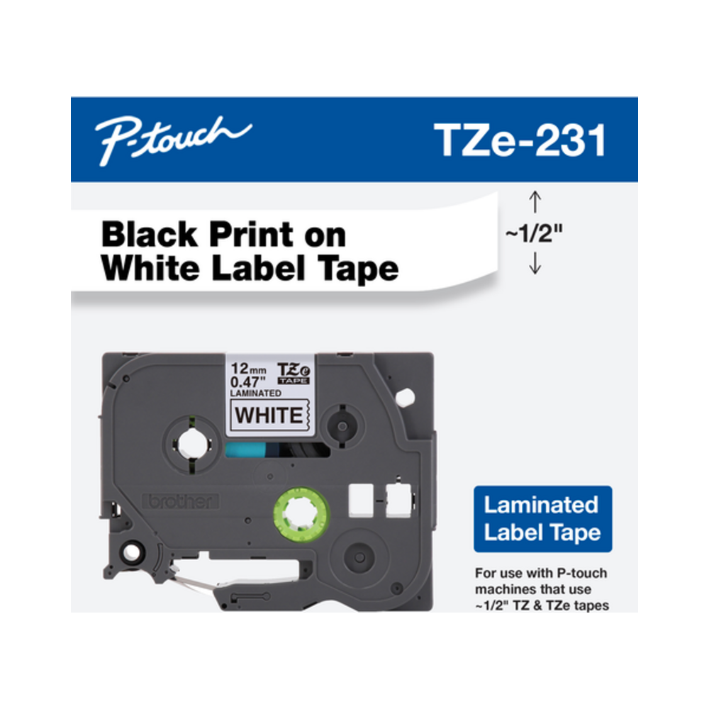 Fita para Rotulador Laminada TZE231 Brother Preto e Branco 12mm 8m