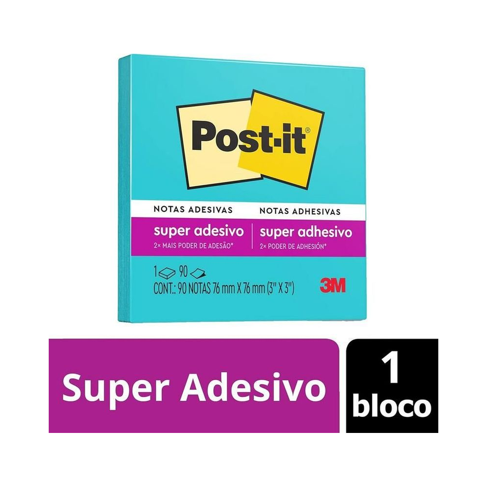 Notas Adesivas Post-it Super Adesivo 90 folhas 76mm x 76mm Azul Eletric