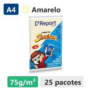 Caixa 25 un Papel Sulfite Amarelo A4 Report Senninha 100 folhas 210mm x 297mm 75g/m&sup2;