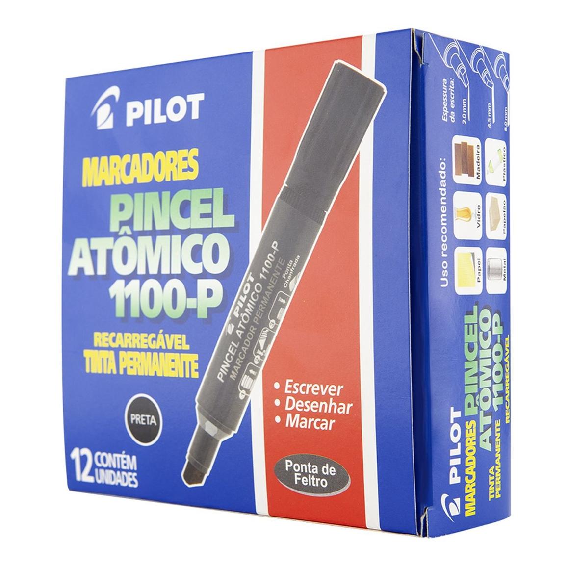 Pincel At&ocirc;mico Recarreg&aacute;vel 1100-P Pilot Marcador Permanente Preto 12 unidades