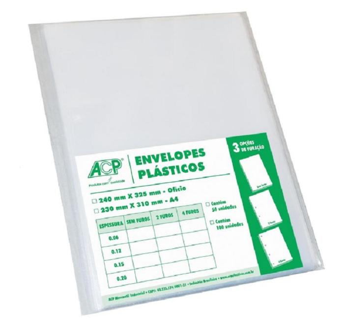ENVELOPE SACO PLASTICO OFICIO 24X32CM 4 FUROS MEDIO C/ 50 UNIDS ACP