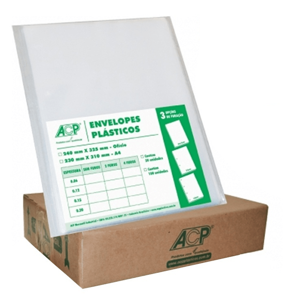 Caixa Envelope Pl&aacute;stico A4 0,15mm 4 Furos Transparente com 400 Unidades ACP