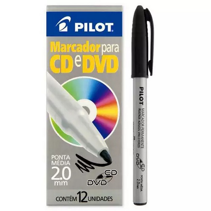 Caneta Permanente CD-DVD 2.0 Preto Pilot - Caixa 12 un