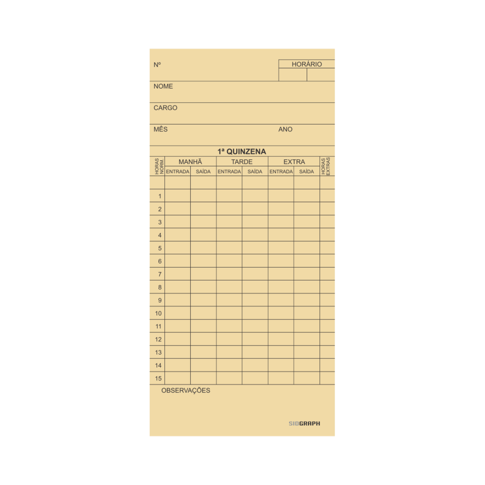 Cart&atilde;o de Ponto Mensal Sidgraph 100 folhas 86mm x 180mm Offset