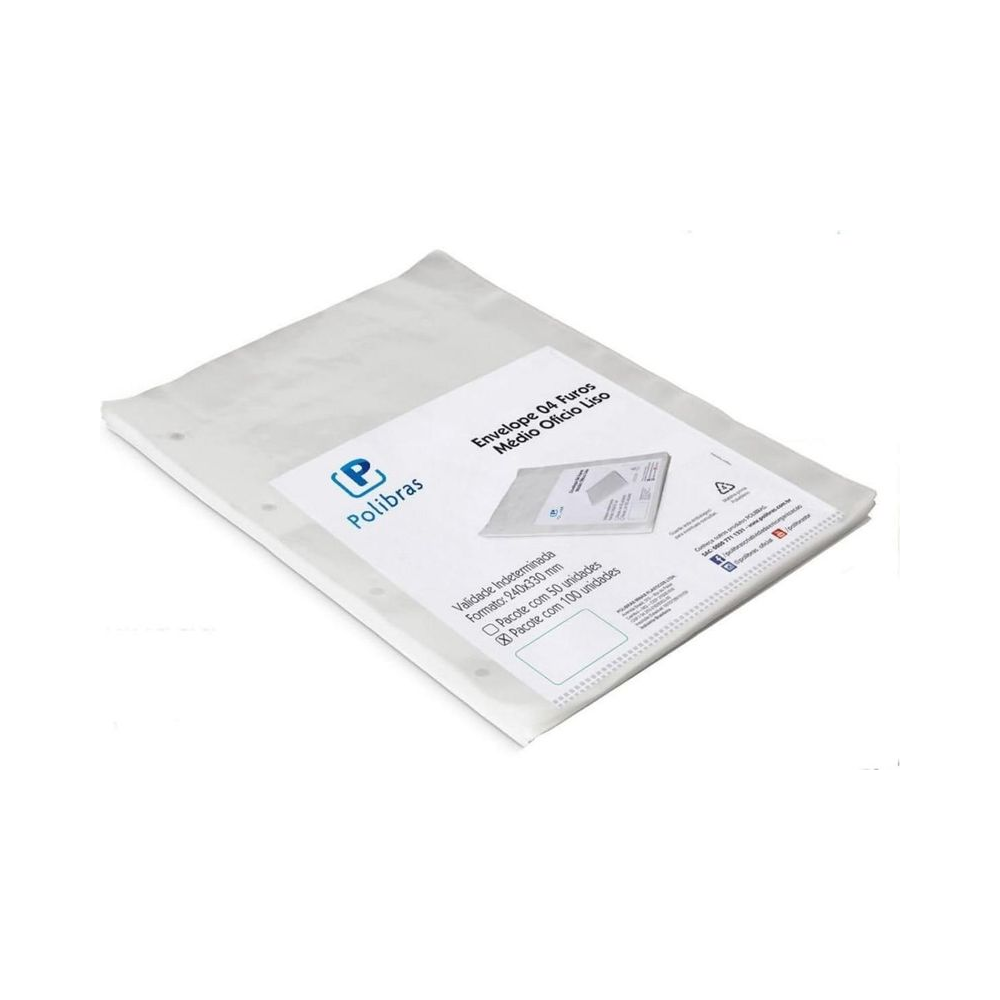 Envelope Pl&aacute;stico Of&iacute;cio PCT.C/100 Polibras 4 furos M&eacute;dio 0,10 mm