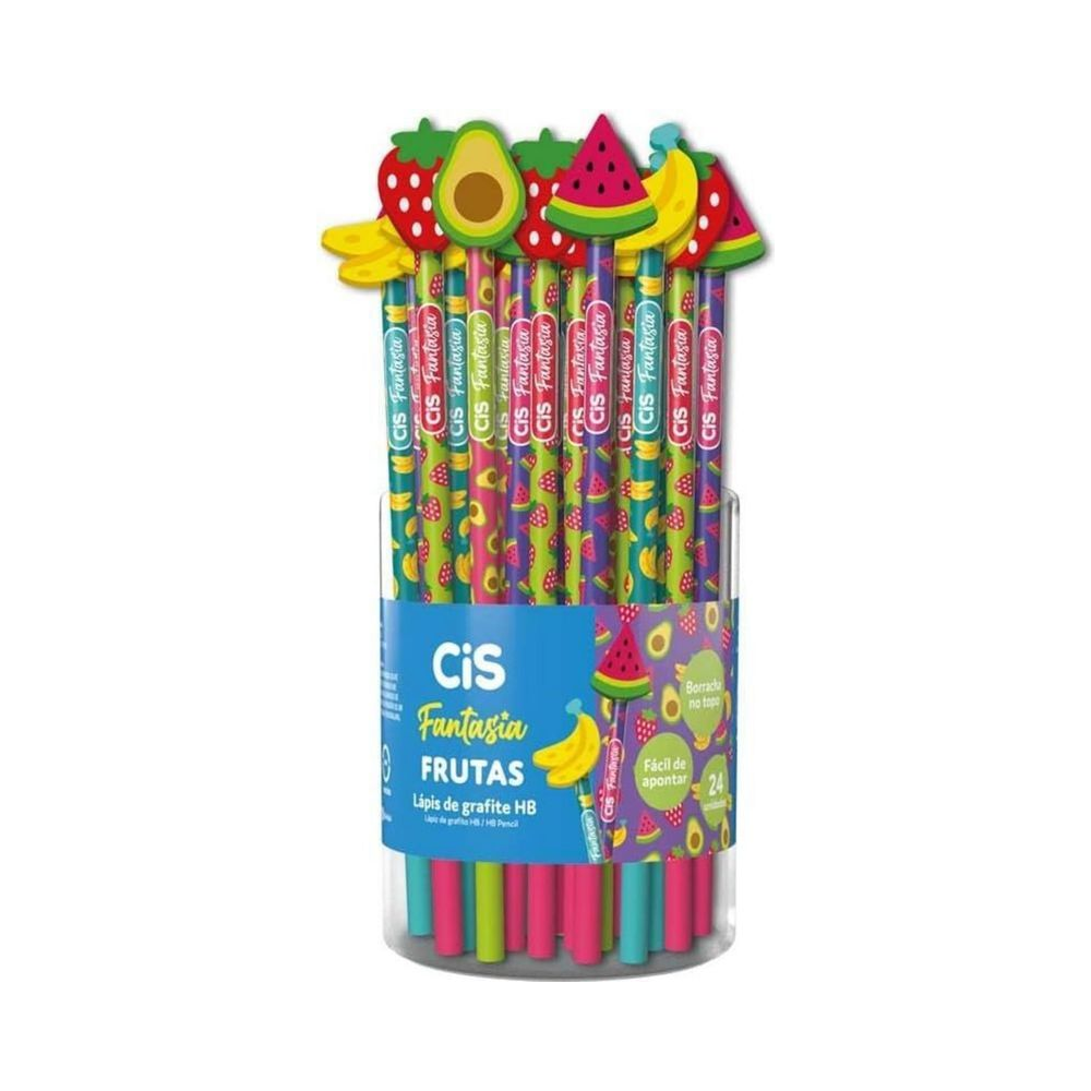 Lapis Preto Redondo Decorado CIS Borracha Frutas - 24 un