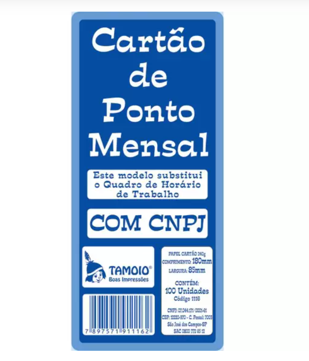 Cart&atilde;o de Ponto Mensal com CNPJ Tamoio 100 folhas 180mm x 85mm 240g/m&sup2;
