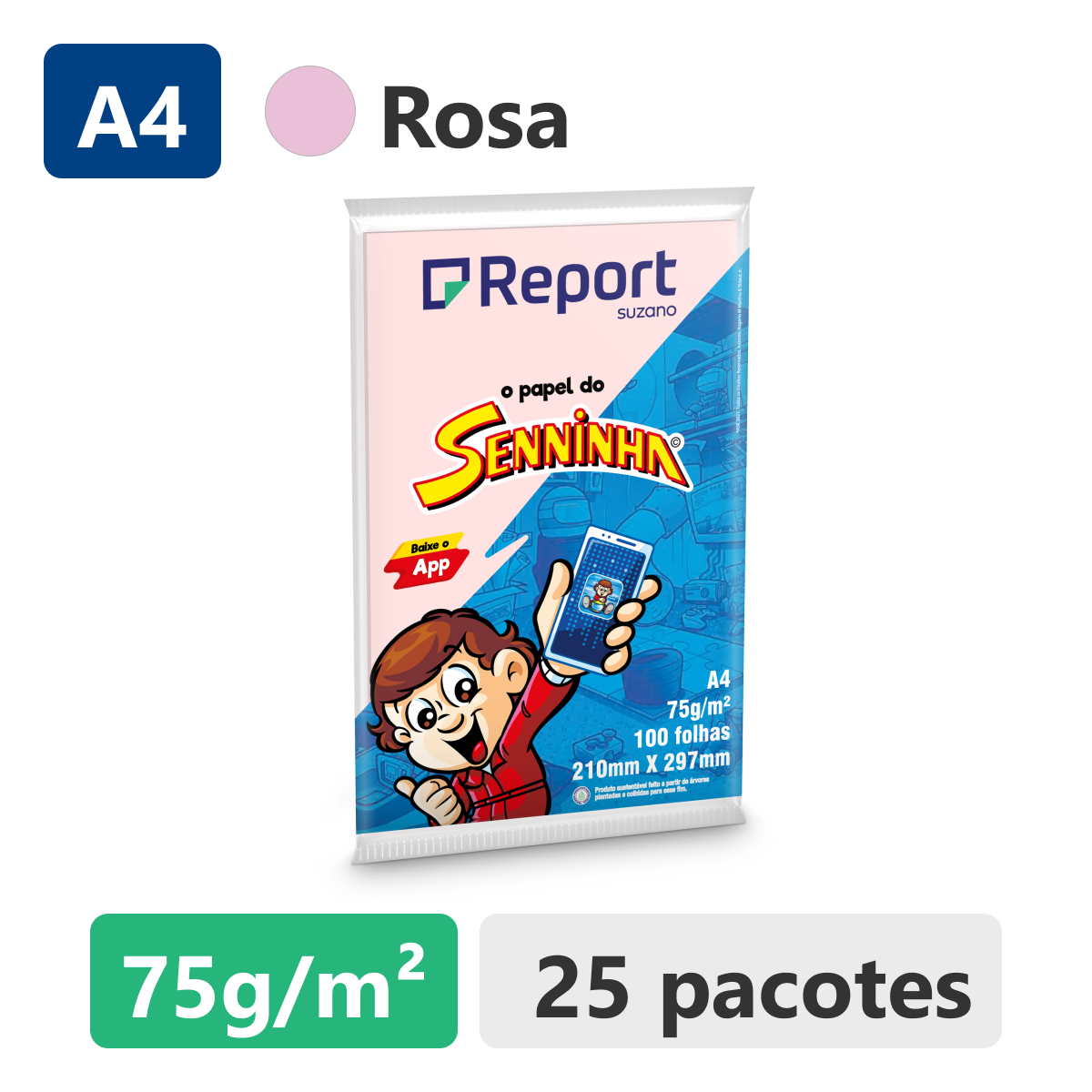 Caixa 25 unidades Papel Sulfite Senninha Rosa A4 Report 100 folhas 210mm x 297mm 75g/m&sup2;