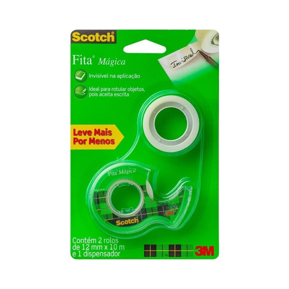 Fita Adesiva M&aacute;gica Scotch 3M 12mmx10m com 2 Rolos e Dispensador