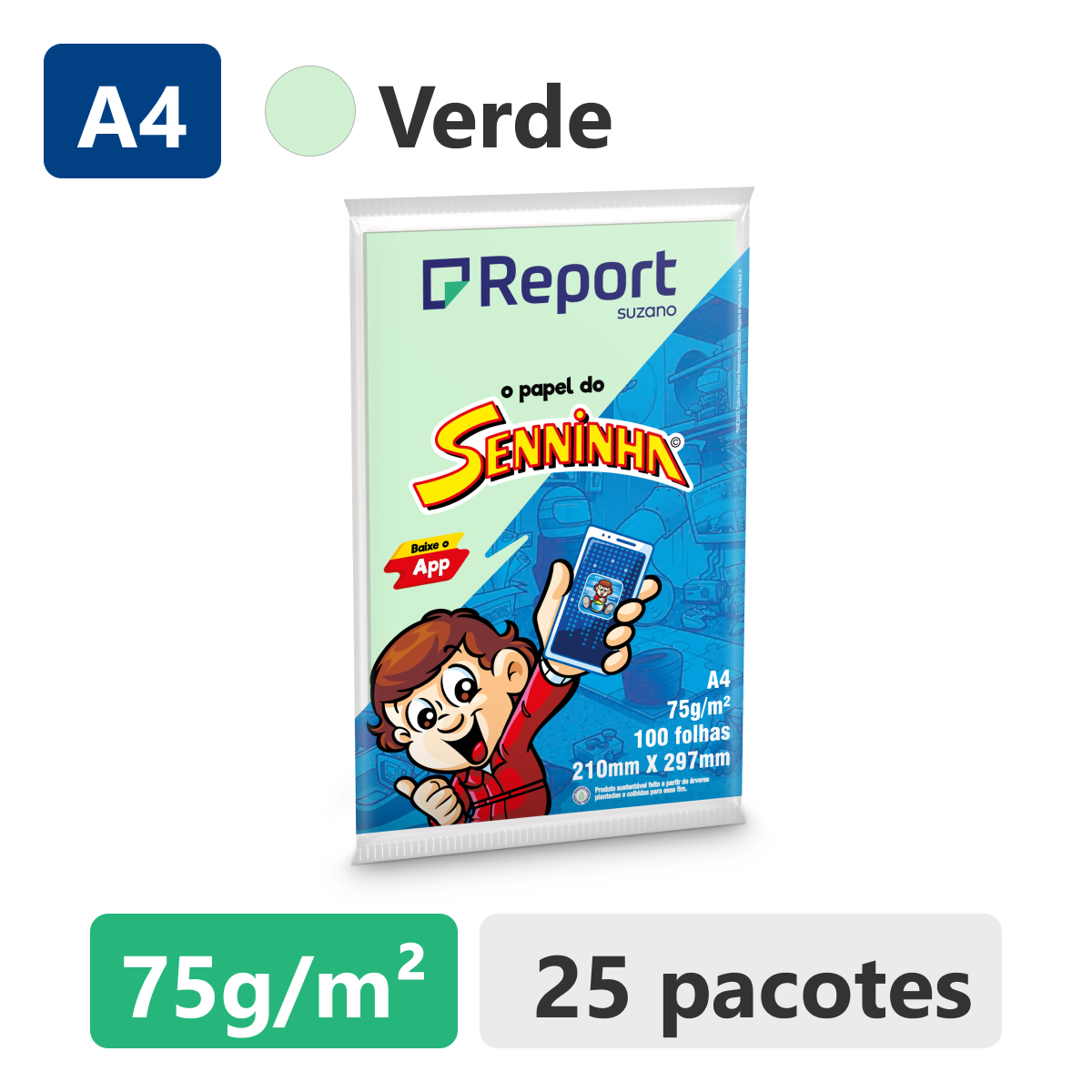 Caixa com 25un Papel Sulfite Verde A4 Report Senninha 100 folhas 210mm x 297mm 75g/m&sup2;
