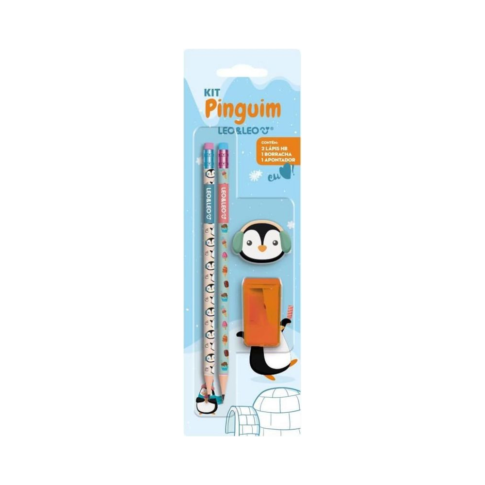 Kit L&aacute;pis HB Pinguim Leo&amp;Leo com Borracha e Apontador Multicor