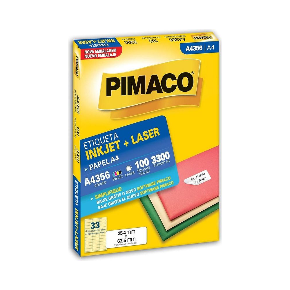 Etiqueta Inkjet Laser A4356 Pimaco A4 100 folhas 25.4mm x 63.5mm