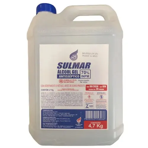 &Aacute;lcool Gel 70% 5L Sulmar Antiss&eacute;ptico para Higieniza&ccedil;&atilde;o