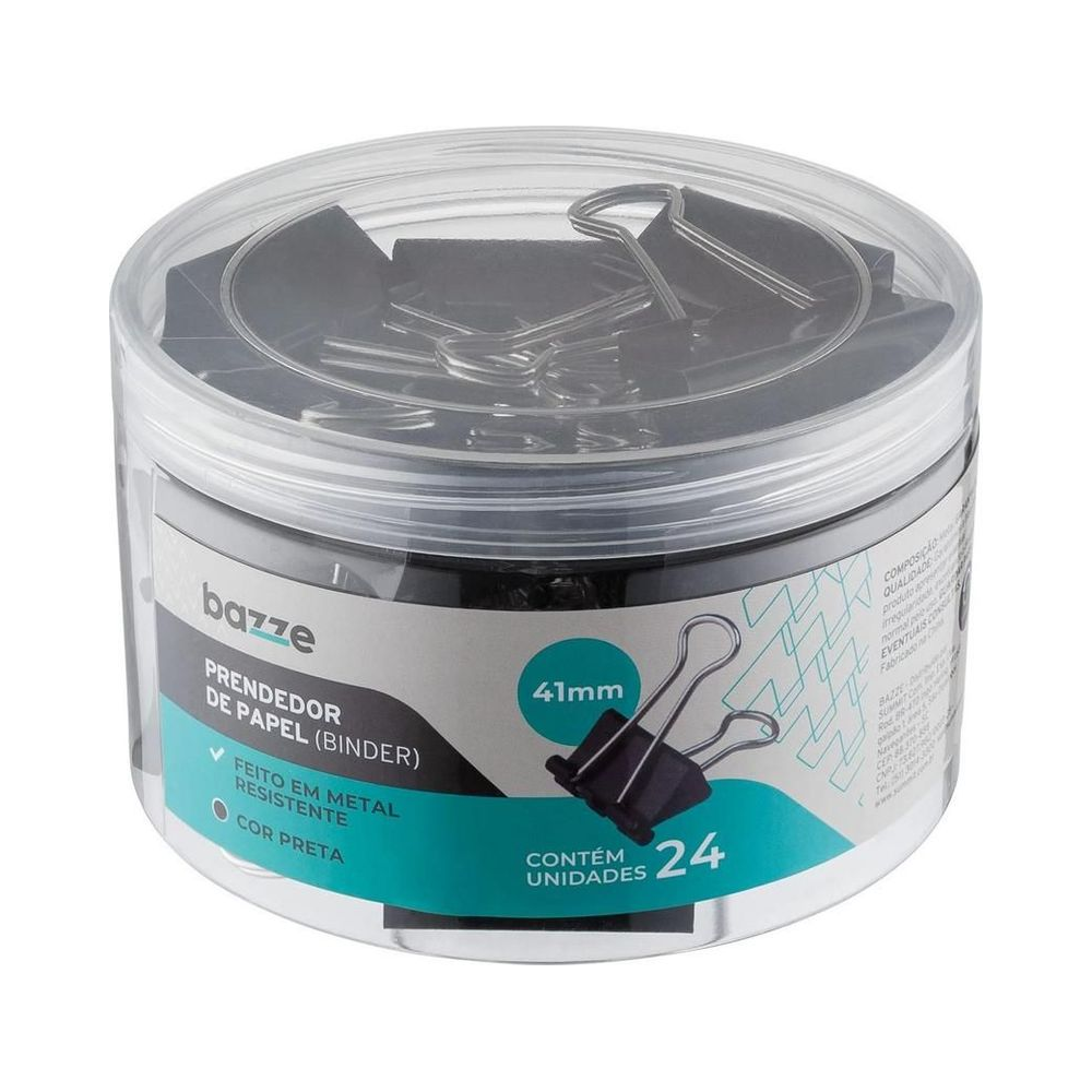 Prendedor de Papel Binder Metal Bazze 41mm Preto com 24 Unidades