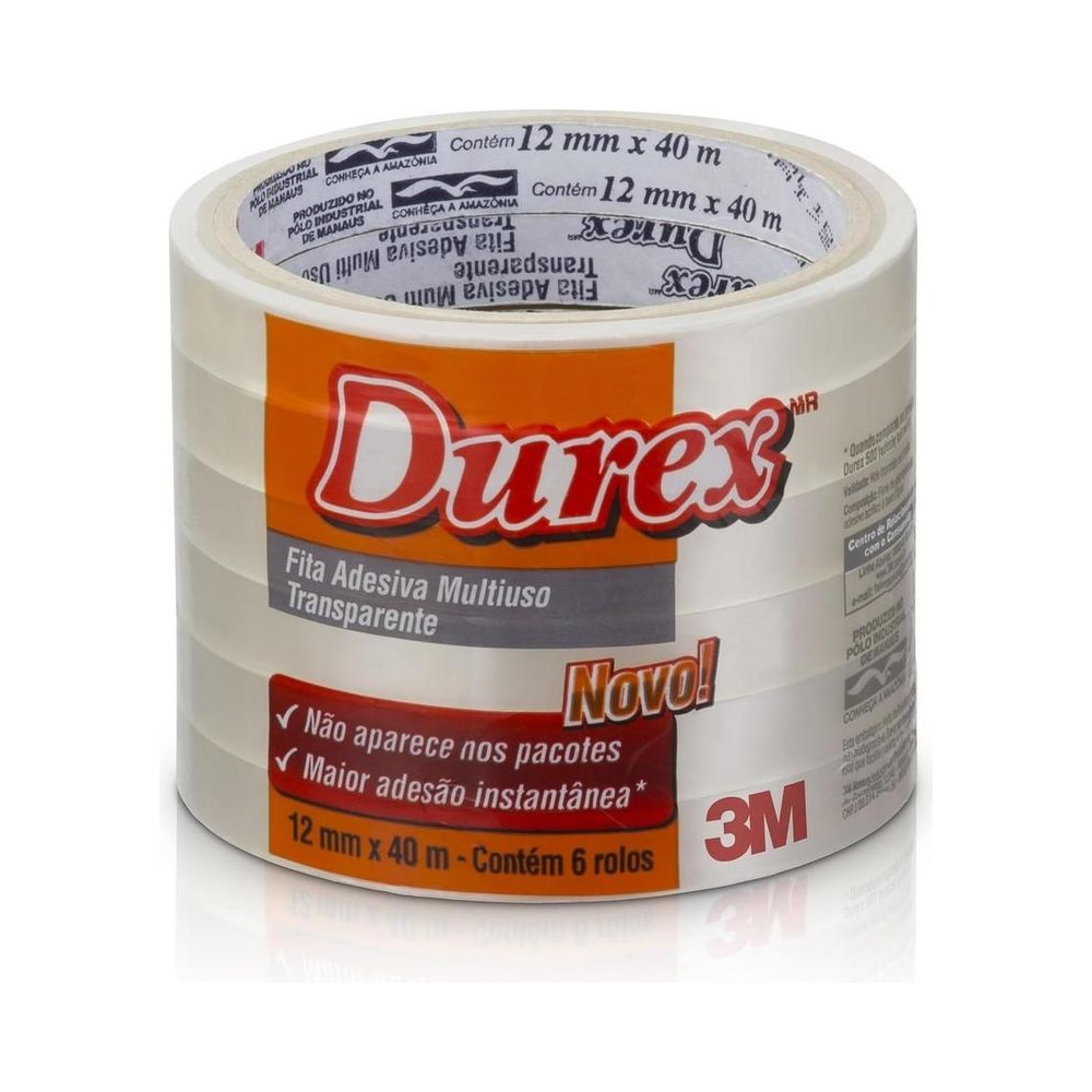 Fita Adesiva 3M Durex 12mm x 40m Transparente 6 rolos